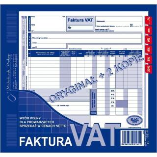 Druk samopkopiujący, oryginał + 2 kopie, Faktura VAT,  dla sprzedaży w cenach netto, 2/3 A4 80 kartek