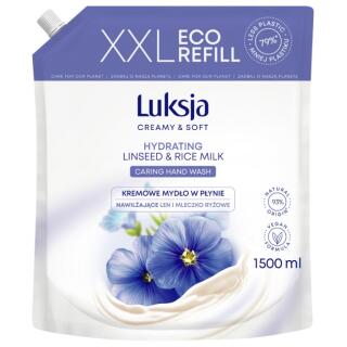 Mydło w płynie Luksja Creamy 1500 ml, zapas uzupełniający Eco Refill len i mleczko ryżowe