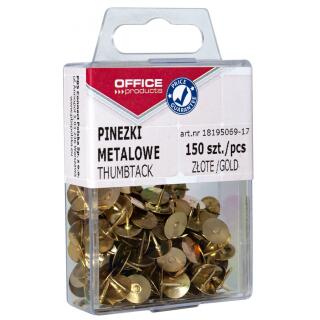 Pinezki metalowe Office Products w plastikowym pudełku z zawieszką 150 szt złote