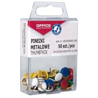 Pinezki metalowe Office Products w plastikowym pudełku z zawieszką 50 szt.mix kolorów