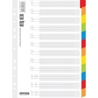 Przekładki laminowane z kolorowymi indeksami Office Productsq A4, 12 kolorów, kartonowe z kartą opisową 12 + 1 kart