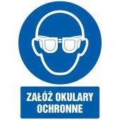 Znak BHP piktogram TDC, z napisem "Załóż okulary ochronne"